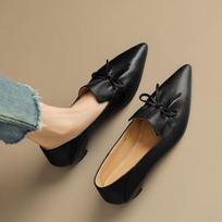 Office Lady Elegant Black Shoes Women's Pointed Toe Mid Heels Genuine Leather 42 juoda