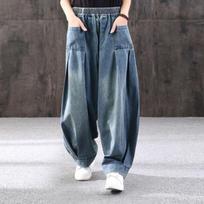 Baggy Oversize džinsai Moteriški džinsiniai laisvalaikio kryžminės kelnės Moteriškos vintažinės haremo kelnės Kelnės Bloomers Mom Plačias kelnes 3XL mėlyna