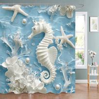 Sunny Ocean Starfish Seashells Seahorses Beach And Sea Shower Curtain Bathroom Decorative Shower Curtain With Hooks W60H190(CM)-1 Pcs