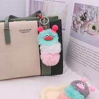 Adorable Caterpillar Pom-Pom Keychain: Cartoon Plush Doll Ornament for Bags & Cars Single Silver Ring (Individual OPP Bag) gray