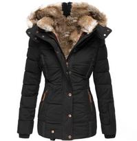 Women's Autumn Winter Jacket Coats Warm Solid Plush Thickened Jacket Button Long Trench Windproof Hooded Parka Down Cotton Coat XS juoda