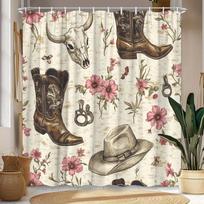 Western Shower Curtain - Brown Cowboy Boots, Hat, Spurs & Steer Skull With Pink Wildflowers Design W60H190(CM)-1 Pcs white
