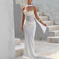 Women's Strapless Mermaid Evening Gown Choker Neck Detachable Mesh Gloves Ruched Formal Maxi Dress XS-XXXL S