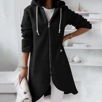 Solid Color Curved Hem Zipper Cardigan Hooded Sweatshirt Women Double Pockets Hoodie Autumn Winter Commuter Thickened Outerwear XS juoda
