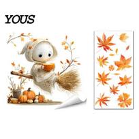 Static Cling Autumn Decor Ghost/Gnome Glass Sticker, PVC Waterproof Maple Leaves Window Easy Apply Harvest Stickers Decal, Removable for Fall G beige