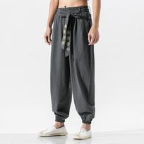 Vyriški medvilniniai lininiai samurajų kostiumai Ukiyo-e Print Diržas Retro Harem Kelnės Kelnės Harajuku Hip Hop S tamsiai pilka spalva
