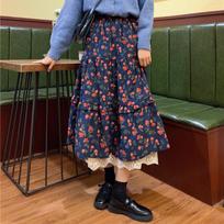 Women  Skirt High Waist Navy Blue Brown Floral Skirt With Lace Ruffles Vintage Elegant Corduroy Skirt One Size tamsiai mėlyna spalva