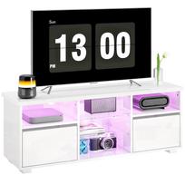 TV staliukas 120 cm, TV stovas televizoriams iki 55 colių, LED apšvietimas ir nuotolinio valdymo pultelis, stiklinės lentynos, baltas 120 x 34 x 45 cm