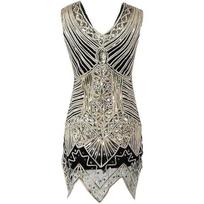 1920-ųjų Gatsby su karoliukais ir kutais suknelė, dideli dydžiai S-4XL - Moteriškas retro oficialus pasirodymų kostiumas su blizgučiais. S auksas