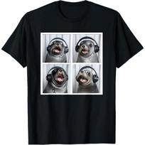 Seal Wearing Headphones Animal Music Sea Lion Singing Seal T-Shirt S juoda
