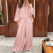 Women Two Piece Set V Neck Long Lantern Sleeve Loose Top with Elastic Waist Wide Leg Pants Casual Outfit for Summer XXL žalia