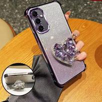 Telefono dėklas Samsung Galaxy A17 A07 S25 S24 Ultra S23 S20 S21 FE S22 Plus, su blizgučiais, deimantine širdimi, atsparus smūgiams, su laikikliu Galaxy A07 violetinė