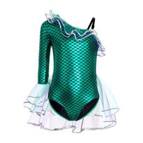 Girls Mermaid Cosplay Costume Print Jumpsuit Mesh Flare Cuff Long Sleeve Waist Ruffled Bodysuit 5-6 Years žalia