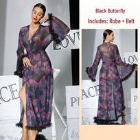 Purple-Black Floral Sheer Robe with Bell Sleeves, Feather Tassels, V-Neck, Tie-Up, Long Slit, Loungewear One size gray
