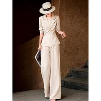 Women's Elegant Summer Blazer & Wide-Leg Pants Set XL šviesios chaki spalvos