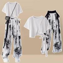 Women's Summer Short Sleeve Matching Set Korean Loose Irregular T-shirt Top+Ice Silk Wide Leg Pants Two Piece Suit XXL balta