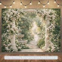 Dreamy Garden Wedding Backdrop, Lush White Roses & Sunlit Path Photo Banner for Events 70.9x43.3inch/180*110cm gray