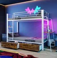 Baltos dviaukštės lovos 90x200 cm su rašomuoju stalu, LED apšvietimu ir stalčiumi daiktams, sertifikuota pagal EN747, 250 kg vienam lygiui 237 x 95 x 170 cm