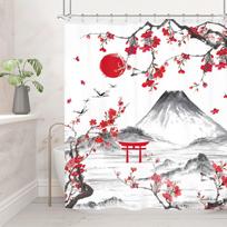 Japanese Shower Curtain Fuji Mountain Cherry Blossom Asian Anime Theme Burgundy Sun Koi Watercolor Floral Decor With 12 Hooks W60H190(CM)-1 Pcs white