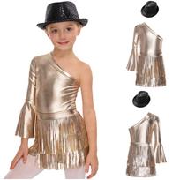 Girls Metallic Glossy Single Shoulder Long Flare Sleeve Leotards and Fringed Skirt Sequins Hat Set 5-6 Years kupranugaris