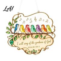 Christian Faith Home Decor Colorful Songbird Suncatcher Psalm 89:1 Bible Verse Window Hanging Ornament Sturdy Acrylic Decoration Religious Bird Sun beige