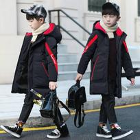 Winter Boys Windproof Warm Cotton Contrast Hooded Zip Long Puff Jackets School Kids Therme Parka Child Snow Coat Outfit 5-15Yrs 170 juoda
