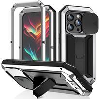 Tempered Glass Armor Metal Case for IPhone 17 16 15 14 13 Pro Max Heavy Duty Cover Shockproof with Camera Lens Protection Holder for iPhone 14 sidabras