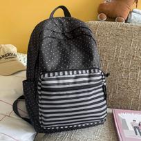 Schoolbag: Sea salt blue stripe polka dot schoolbag, fashionable large capacity lightweight campus backpack, versatile stylish backpack