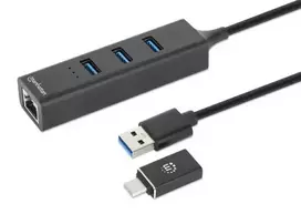 Manhattan USB-C & USB-A jungties / stotelė, 4 prievadai: Ethernet ir USB-A (x3), 5Gbps (USB 3.2 Gen1), maitinama per USB