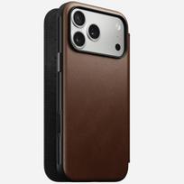 Odinis dėklas su užsegimu Nomad Modern Leather Folio, skirtas iPhone 17 Pro Max (6,9 colio), ruda spalva, oda/aliuminis, 4 kortelių kišenės