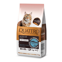 QUATTRO visavertis sausas dietinis/senstančių kačių pašaras su balta žuvimi ir kriliu (nuo 7 metų amžiaus, begrūdis) - 7 kg