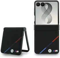 BMW M PU Perforated Tricolor Stripe Magnetic dėklas Samsung Galaxy Z Flip 8 juodos spalvos