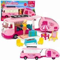 Lean Toys Lėlių kemperio kelioninis rinkinys su priekaba, rožinis, 37 x 11 x 9 cm