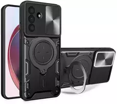 Hurtel Samsung Galaxy A17 4G / A17 5G / A18 / A26 dėklas su stovu ir slankiojančiu kameros objektyvo dangteliu – juodos spalvos
