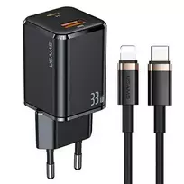 USAMS T43 travel charger | 33W | PD3.0, QC3.0 | USB-C, USB-A | Includes USB-C to Lightning cable | black