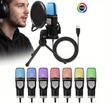 USB kondensatorinis mikrofonas su RGB apšvietimu, trikoju ir pop filtru