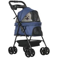 Foldable Dog Cat Stroller Buggy Storage Basket Cup Holders 300D Oxford Waterproof Fabric 4 Wheels Dark Blue 67 x 45 x 96 cm