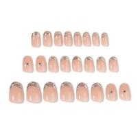 24Pcs Short Oval Press on Nails for Women, Silver-color Tip Rhinestone Star Glue on False Nails, Removable Stick-on Fake Nails Decoration 24PCS beige