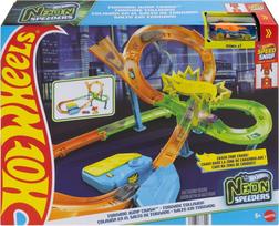 Mattel Hot Wheels Neon Speeders Stunt Tracks Tornado Jump Crash Track Set with Motorized Booster & Toy Car