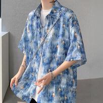 Men  Print Oversized Short Sleeve Button Shirt Casual Loose Breathable Streetwear Summer Top M mėlyna