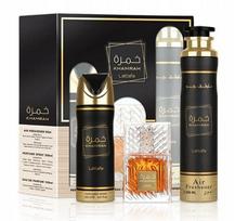 Lattafa Khamrah rinkinys: 100 ml EDP, 200 ml dezodorantas, 300 ml oro gaiviklis