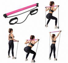 Pilates pratimų rinkinys su štanga ir 2 rožiniais pasipriešinimo diržais