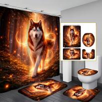 4Pcs Majestic Husky Shower Curtain Set with Non-Slip Bath Mat, Toilet Lid Cover, Contour Rug & 12 Hooks, Bathroom Decor 4PCS-Full Set orange