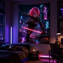 Cyberpunk Anime Tapestry Futuristic Aesthetic  Cyberpunk Samurai Girl Anime Tapestry Mecha Warrior Futuristic 100X70CM blue