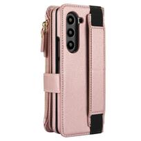 For Samsung Galaxy Z Fold 7, Flip Wallet Case with Wrist Strap, S Pen Holder, Hand Strap, Kickstand, Card Slots, Zipper Pocket For Galaxy Z Fold 7 rožinio aukso spalvos