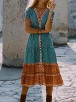 Pavasario vasaros „Boho“ dirželis su gėlėmis marginta suknelė su ilga aukštu juosmeniu V formos iškirpte, viena krūtinė, atostogų midi suknelė, moteris L žalia