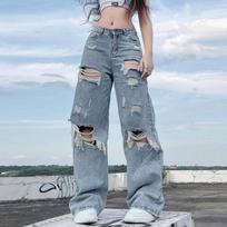 Moteriškos plėšytos Jean High Street Vintage Baggy džinsai tiesios kelnės siauros laisvalaikio kaubojiškos džinsinės kelnės moterims Y2K gatvės apranga platūs džinsai mergaitėms L mėlyna