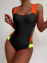 Sexy Black Contrast One Piece Swimsuit Women Neon Strap Hollow Out Backless Monokini Summer Bathing Suit Patchwork Swimwear S juoda