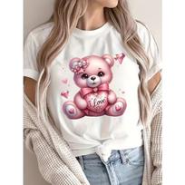 European Size Women'S Valentine'S Day Teddy Bear Graphic T-Shirt - Soft Breathable Green Tee with Pink Hearts &  I Love You  Design S balta