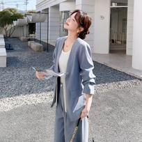 Elegant Wide-Leg High-Waisted Two-Piece Suit for Women – Spring 2026 Collection Large dangaus mėlyna spalva